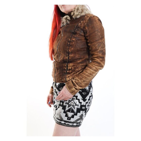 PLEIN SUD Brown Hook & Loop Detail Real Fur Distressed Leather Jacket - Picture 5 of 15